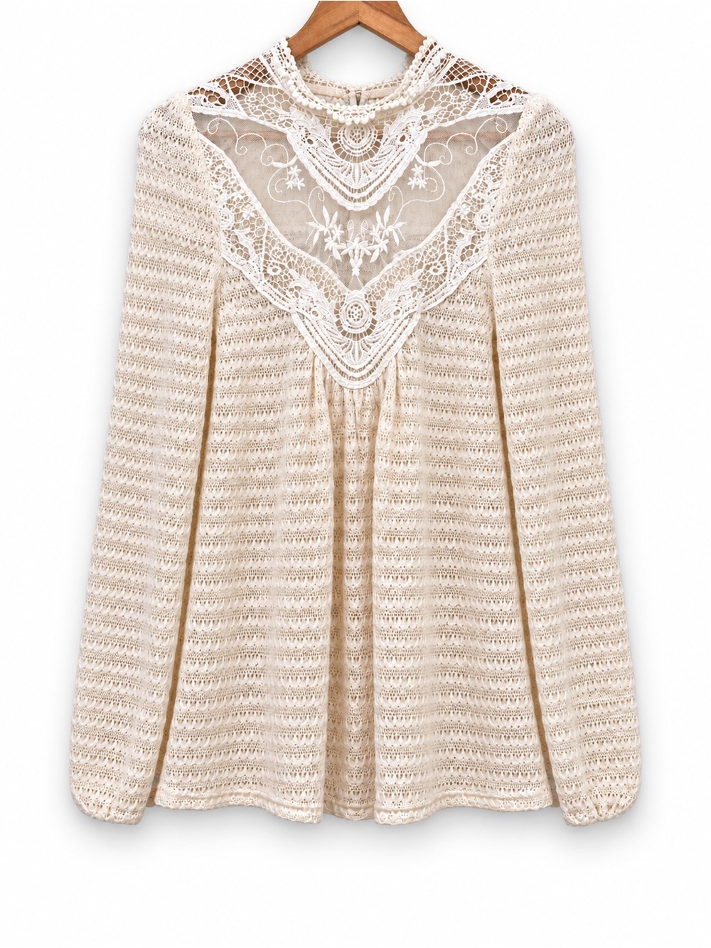 Areve | Cream White Ivory Lace Knit Long-Sleeve Sheer Boho Sweater Tunic Top